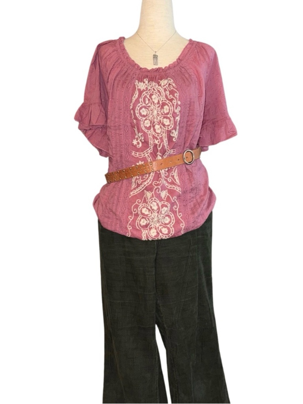 Y2K Boho‎ Embroidered Peasant Top Pink Cotton Blouse 1X Witchy